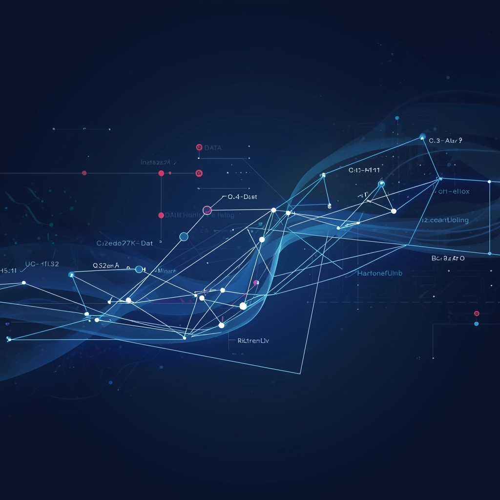 Abstract visualization of a machine learning pipeline with flowing data nodes and algorithmic diagrams on dark blue background, no people, no women